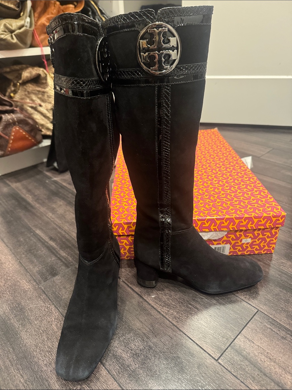 Tory Burch Black Suede snake Knee-High Logo Boots - Picture 4 of 5